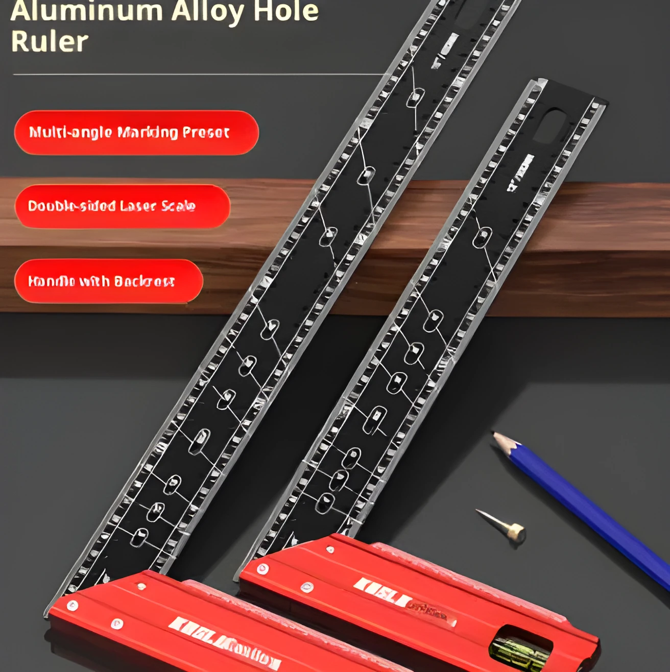 Thick aluminium alloy lineation ruler with multi-angle positioning and scribing holes for woodworking
