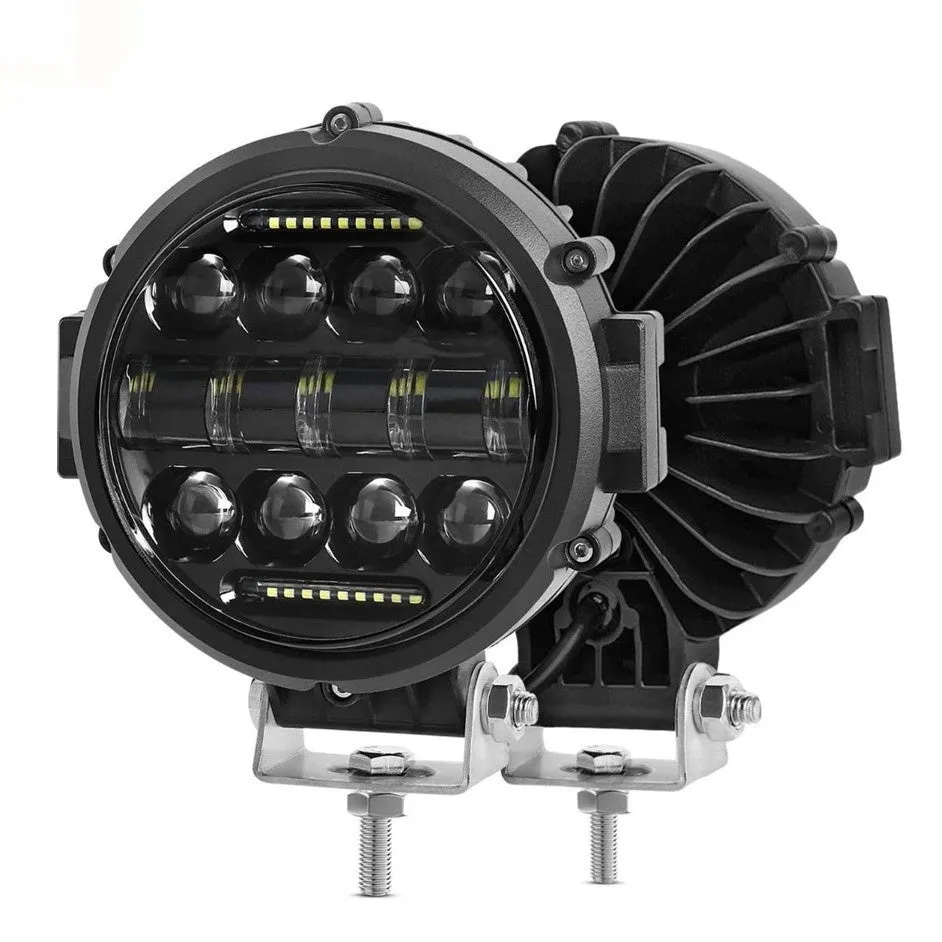 7-inch circular black LED headlight with spot beam, die-cast aluminium housing, IP67 waterproof rating for off-road vehicles