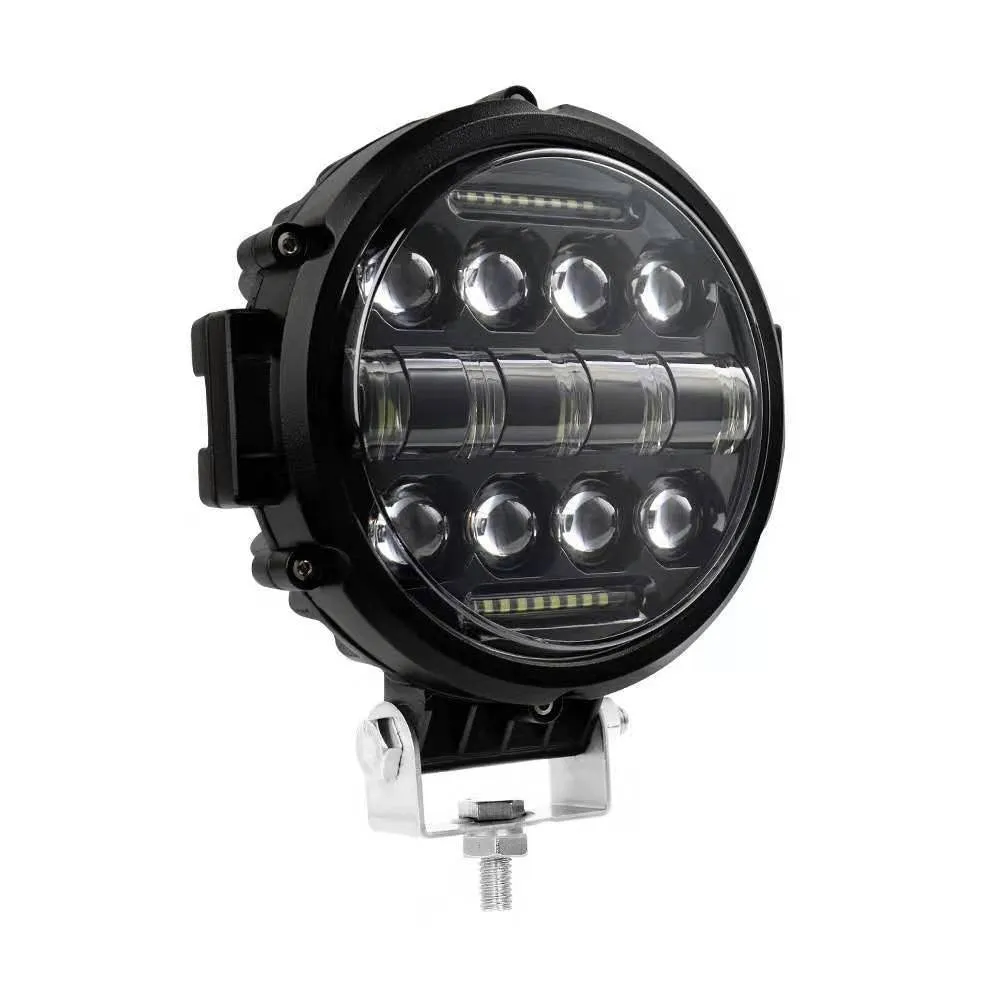 7-inch circular black LED headlight with spot beam, die-cast aluminium housing, IP67 waterproof rating for off-road vehicles