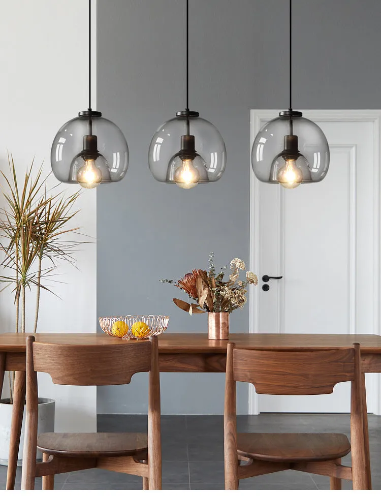 Modern minimalist glass chandelier with smoky gray shade, three-head platter design, 25x23cm dimensions, for dining room or bedroom