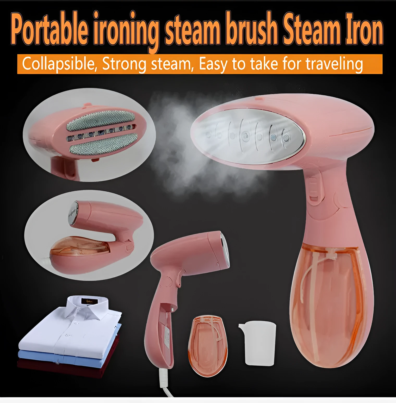 Pink Sokany portable steam ironing brush with detachable water tank and EU plug