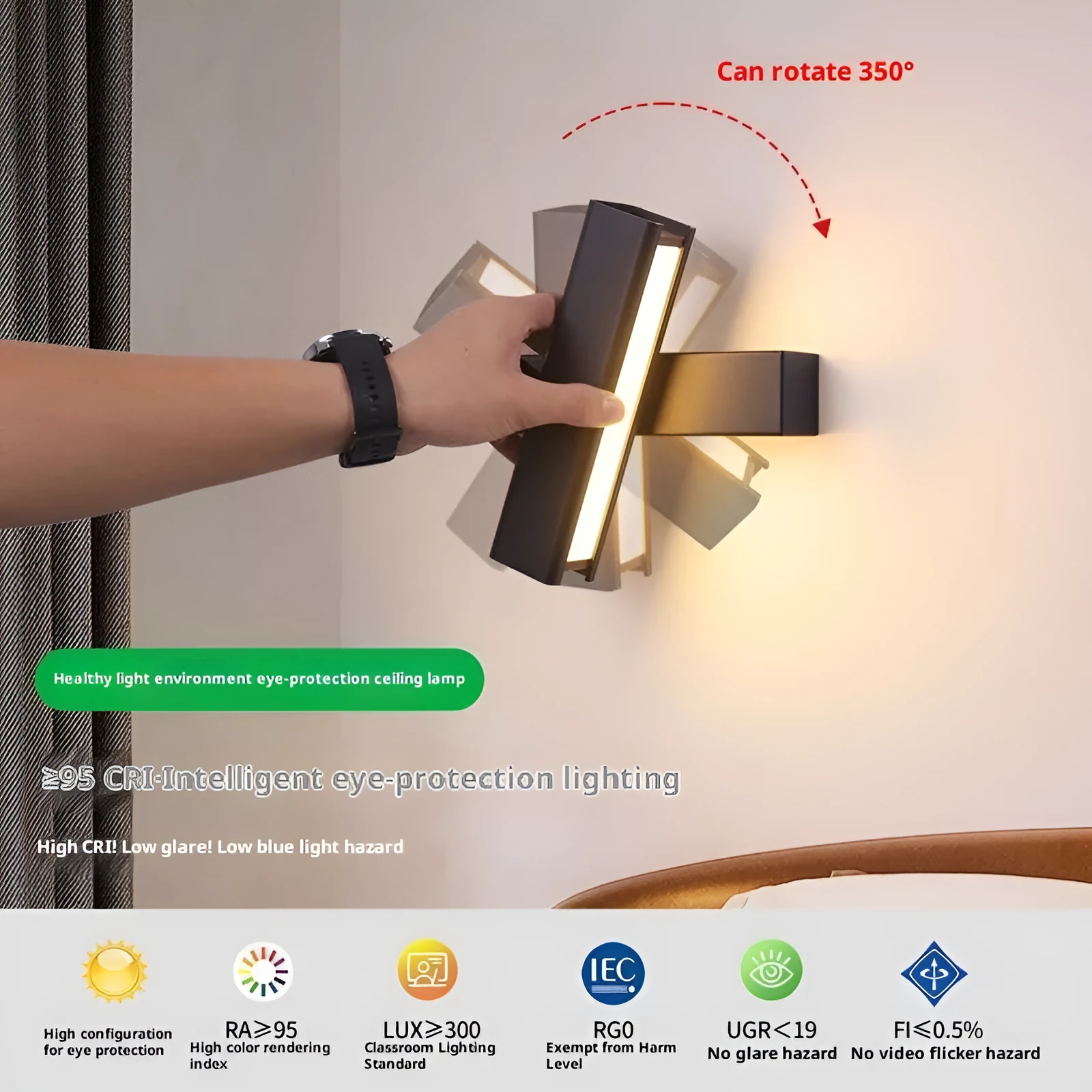 Modern minimalist rotating wall lamp with PC shade and iron body in black finish