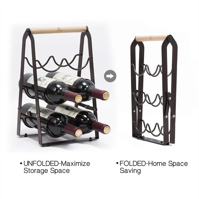 Iron desktop wine rack black with two wine bottles on kitchen countertop
