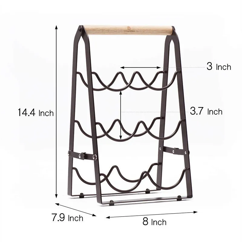 Iron desktop wine rack black with two wine bottles on kitchen countertop