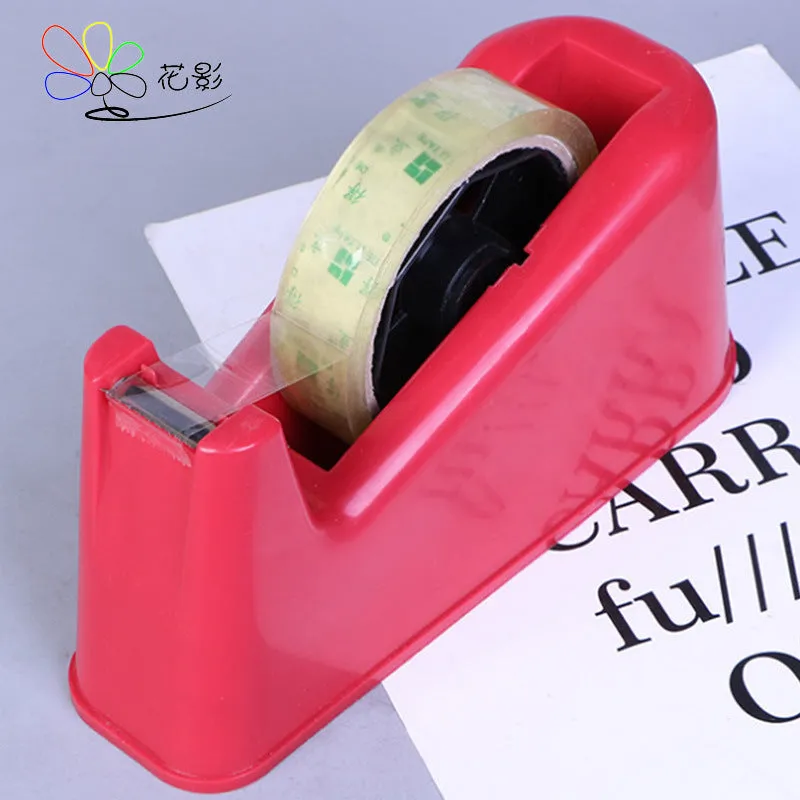 PS stainless steel dual-purpose tape cutter with large rubber base for office desk use, random colour