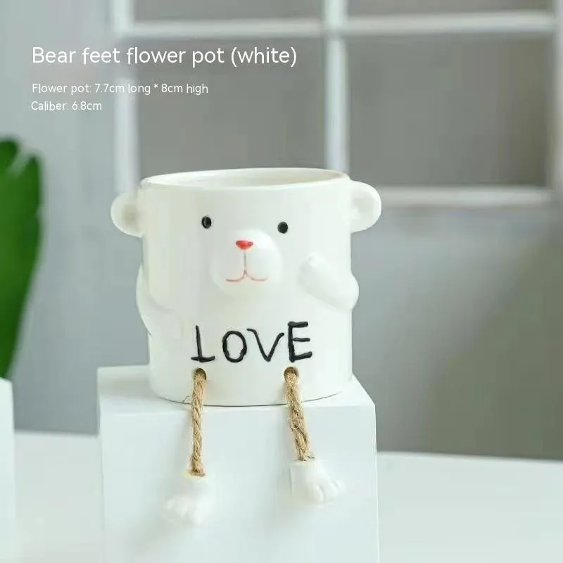 Ceramic hanging foot flowerpot with cartoon design for succulent plants on desktop