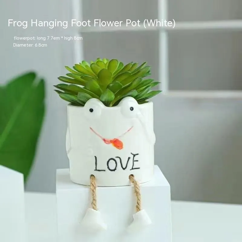 Ceramic hanging foot flowerpot with cartoon design for succulent plants on desktop