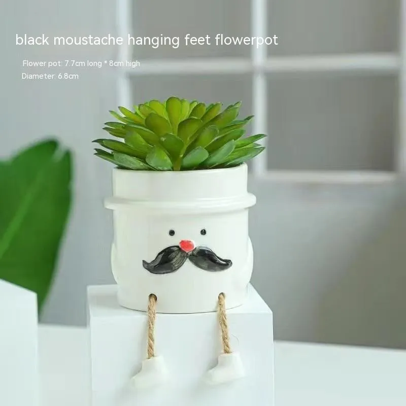 Ceramic hanging foot flowerpot with cartoon design for succulent plants on desktop