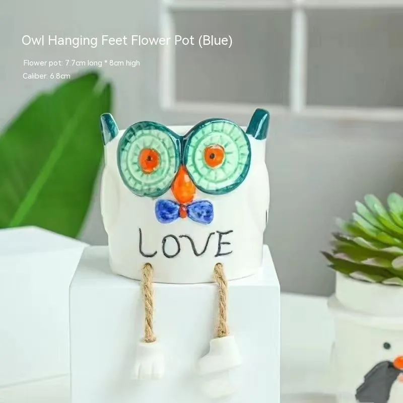 Ceramic hanging foot flowerpot with cartoon design for succulent plants on desktop