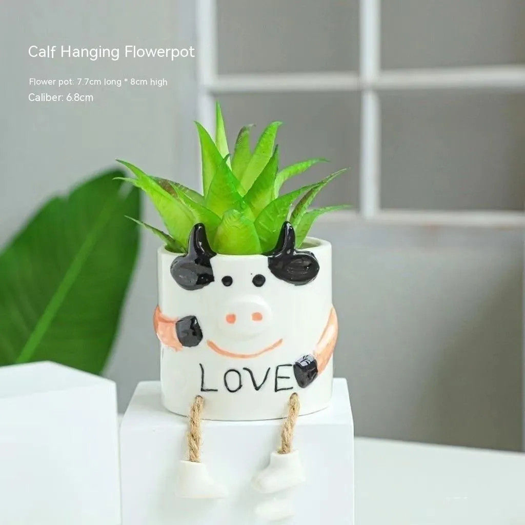 Ceramic hanging foot flowerpot with cartoon design for succulent plants on desktop