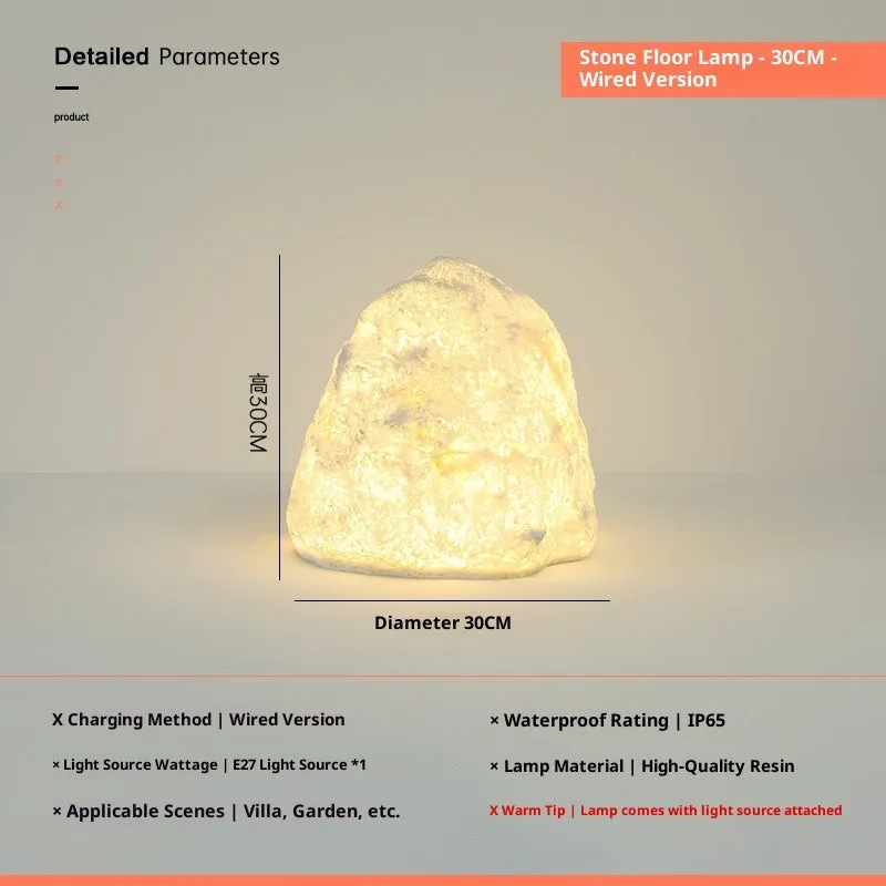 Outdoor waterproof stone resin floor lamp with warm light, IP65 rated for garden or courtyard use