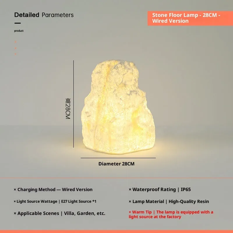 Outdoor waterproof stone resin floor lamp with warm light, IP65 rated for garden or courtyard use