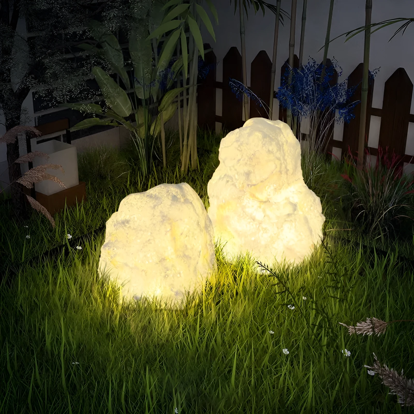 Outdoor waterproof stone resin floor lamp with warm light, IP65 rated for garden or courtyard use