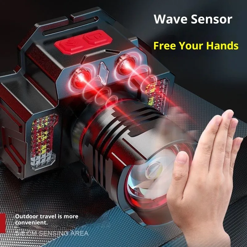 Wave Outdoor multi-function head-mounted zoomable sensor headlamp for hiking camping and emergency use