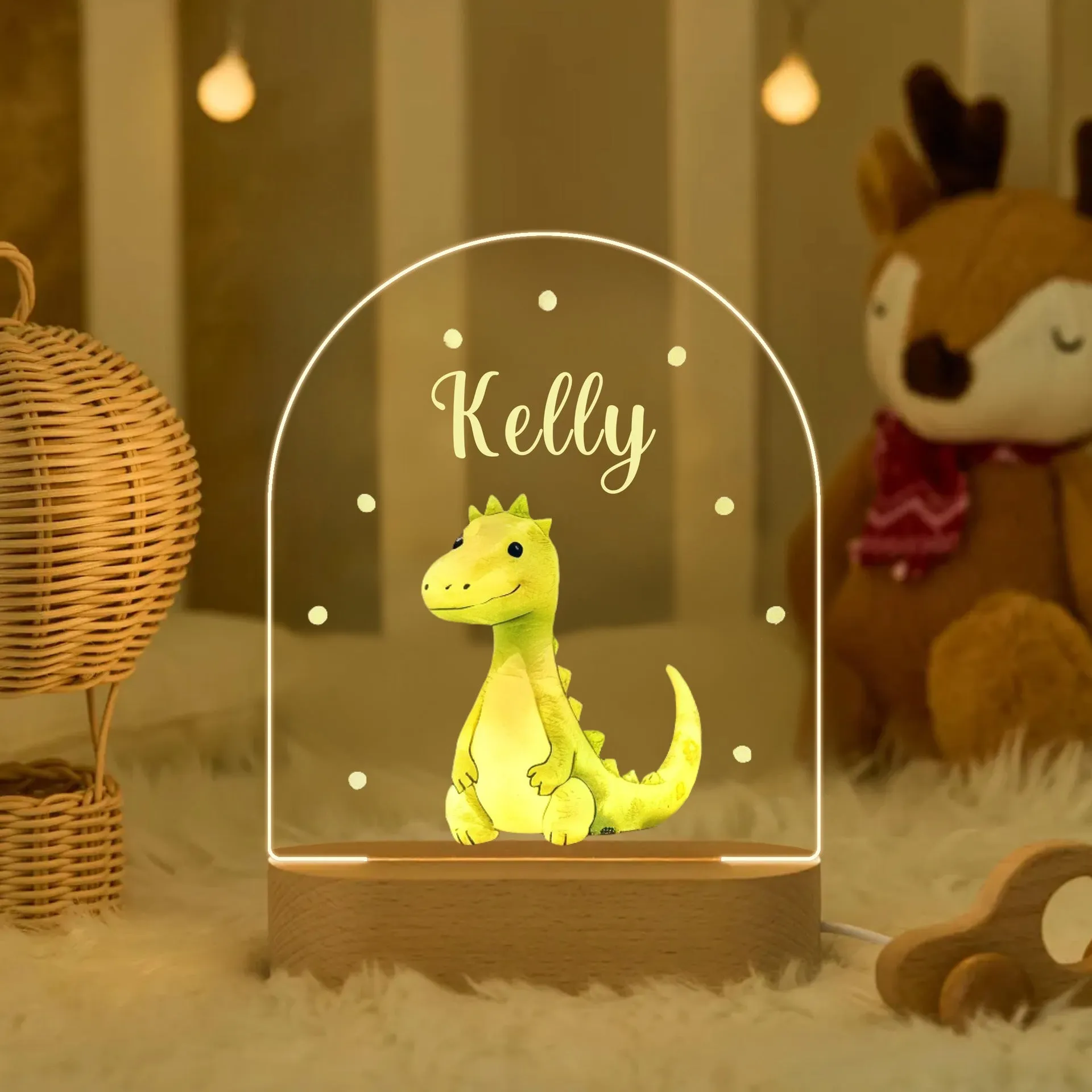 Personalised children's acrylic LED night light with 14.5cm elliptical base, socket power and button switch
