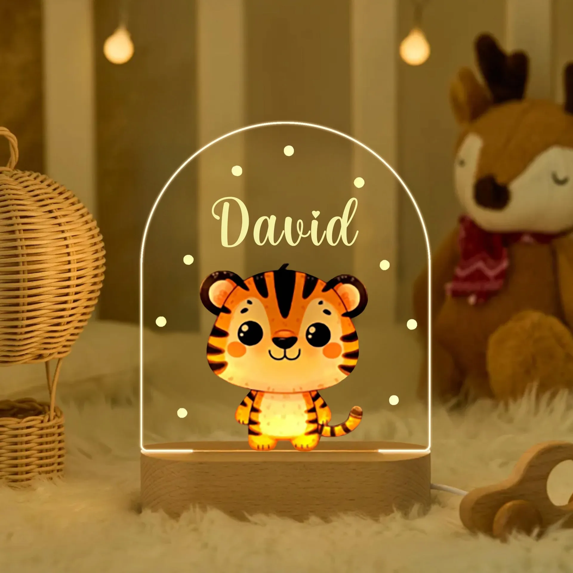 Personalised children's acrylic LED night light with 14.5cm elliptical base, socket power and button switch