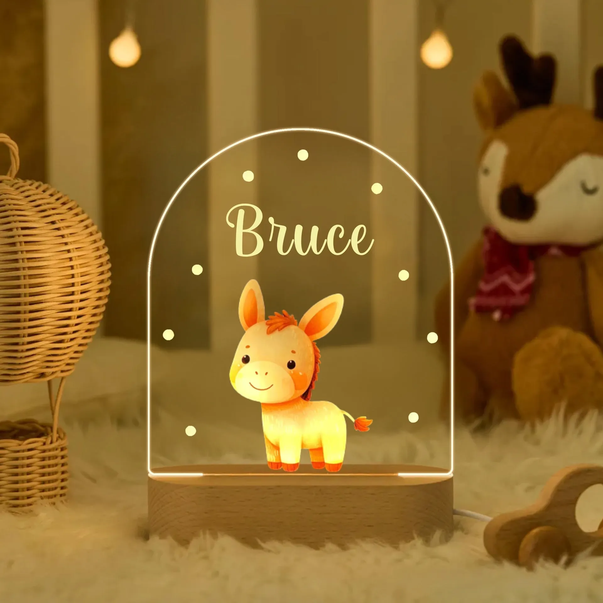 Personalised children's acrylic LED night light with 14.5cm elliptical base, socket power and button switch