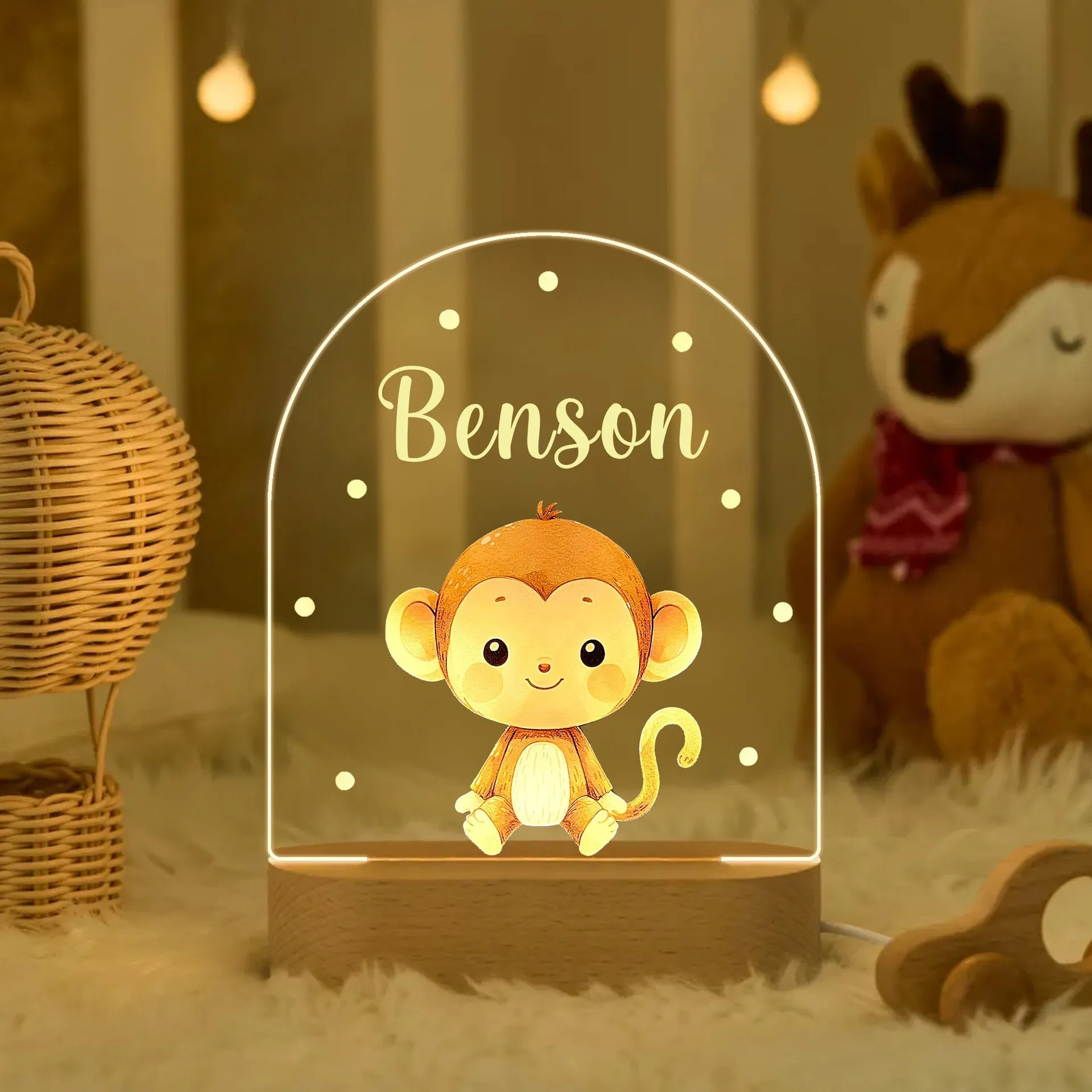 Personalised children's acrylic LED night light with 14.5cm elliptical base, socket power and button switch