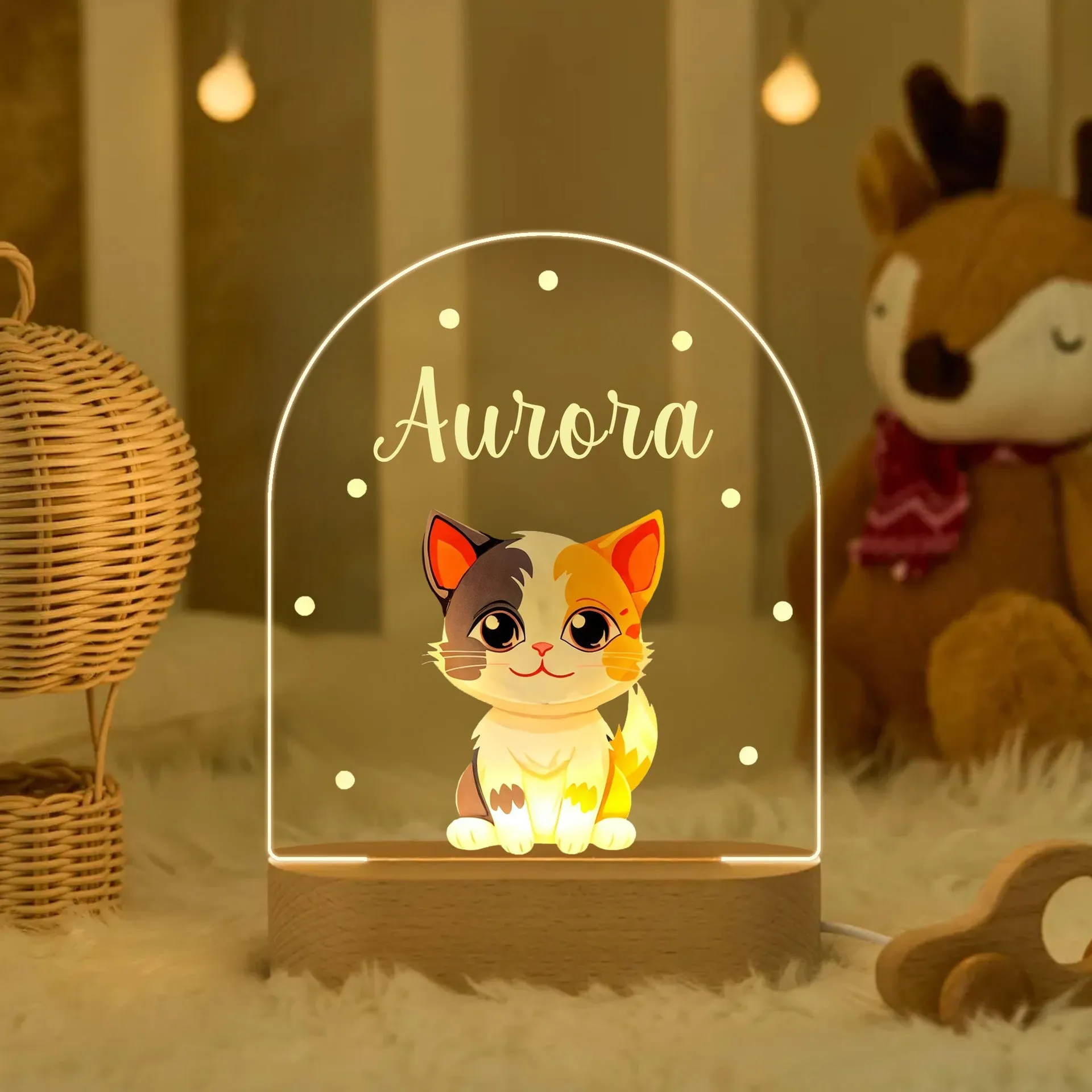Personalised children's acrylic LED night light with 14.5cm elliptical base, socket power and button switch