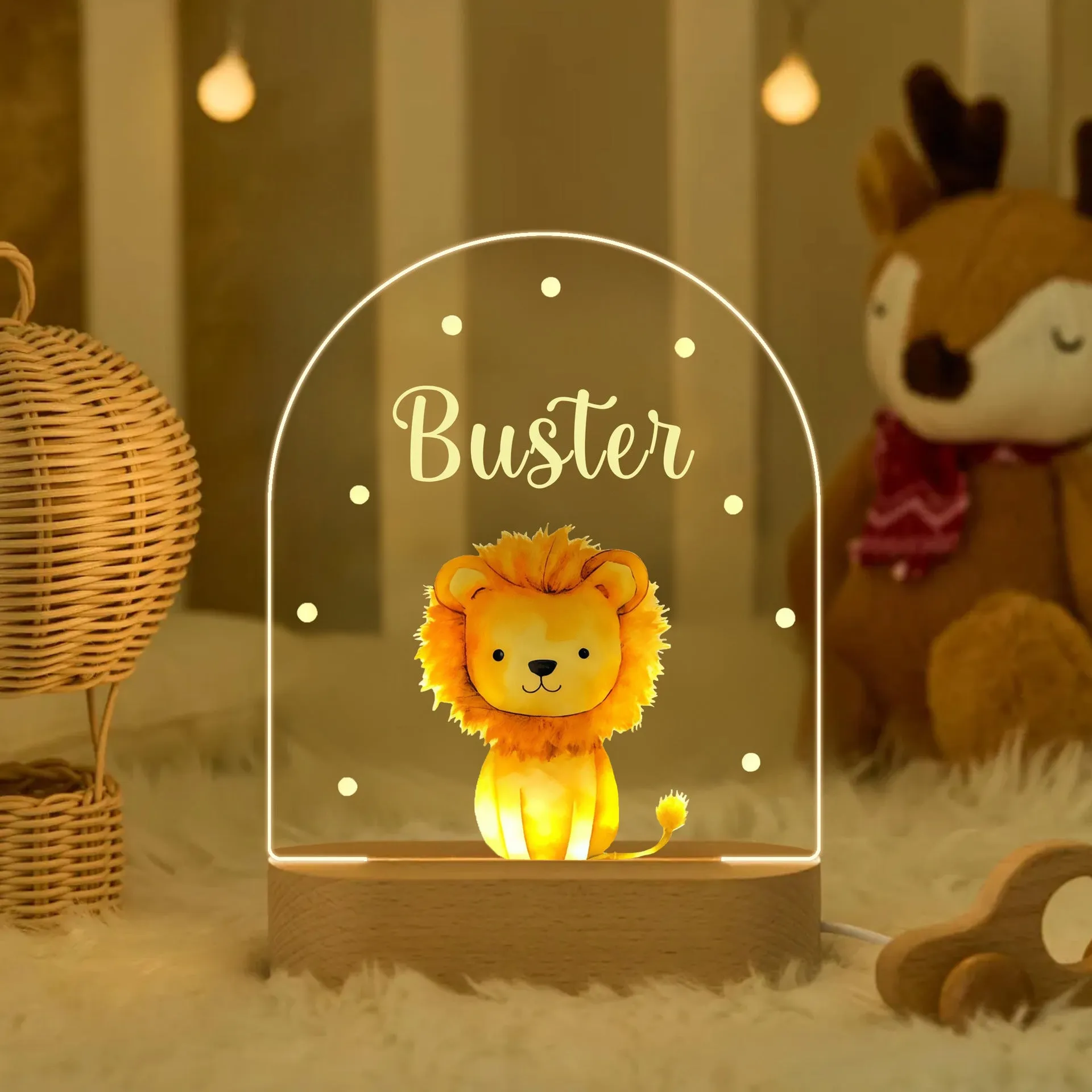 Personalised children's acrylic LED night light with 14.5cm elliptical base, socket power and button switch