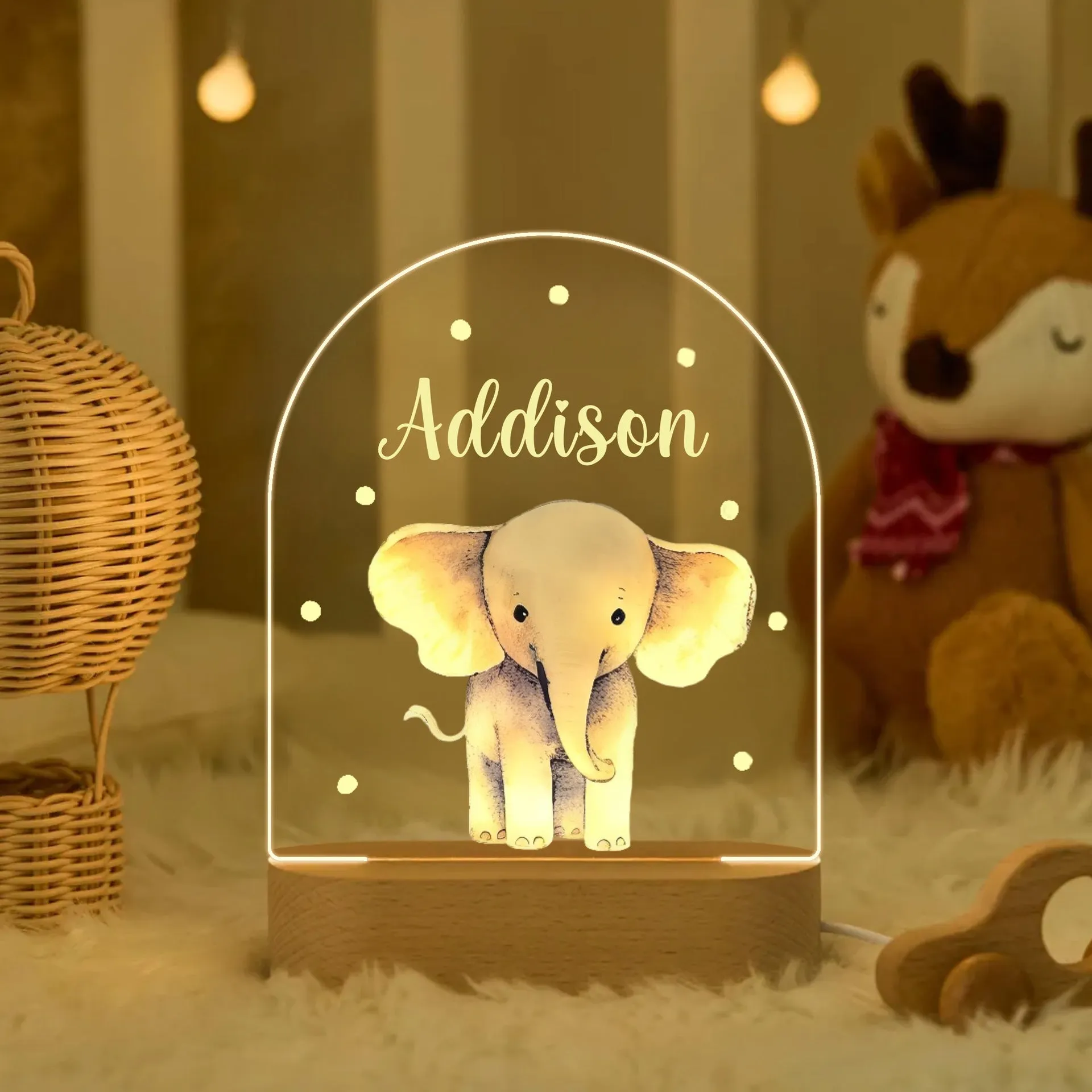 Personalised children's acrylic LED night light with 14.5cm elliptical base, socket power and button switch