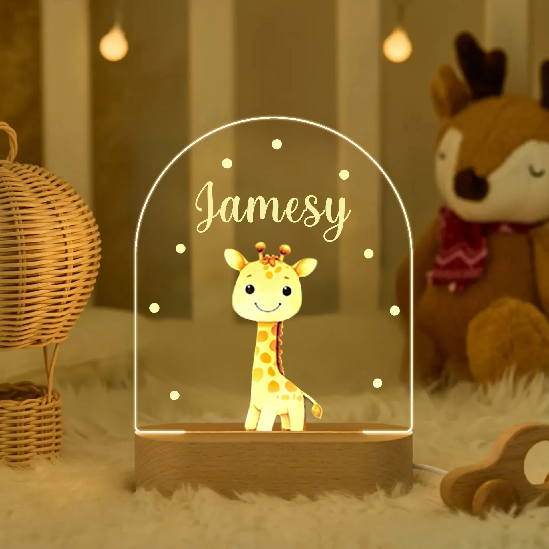 Personalised children's acrylic LED night light with 14.5cm elliptical base, socket power and button switch