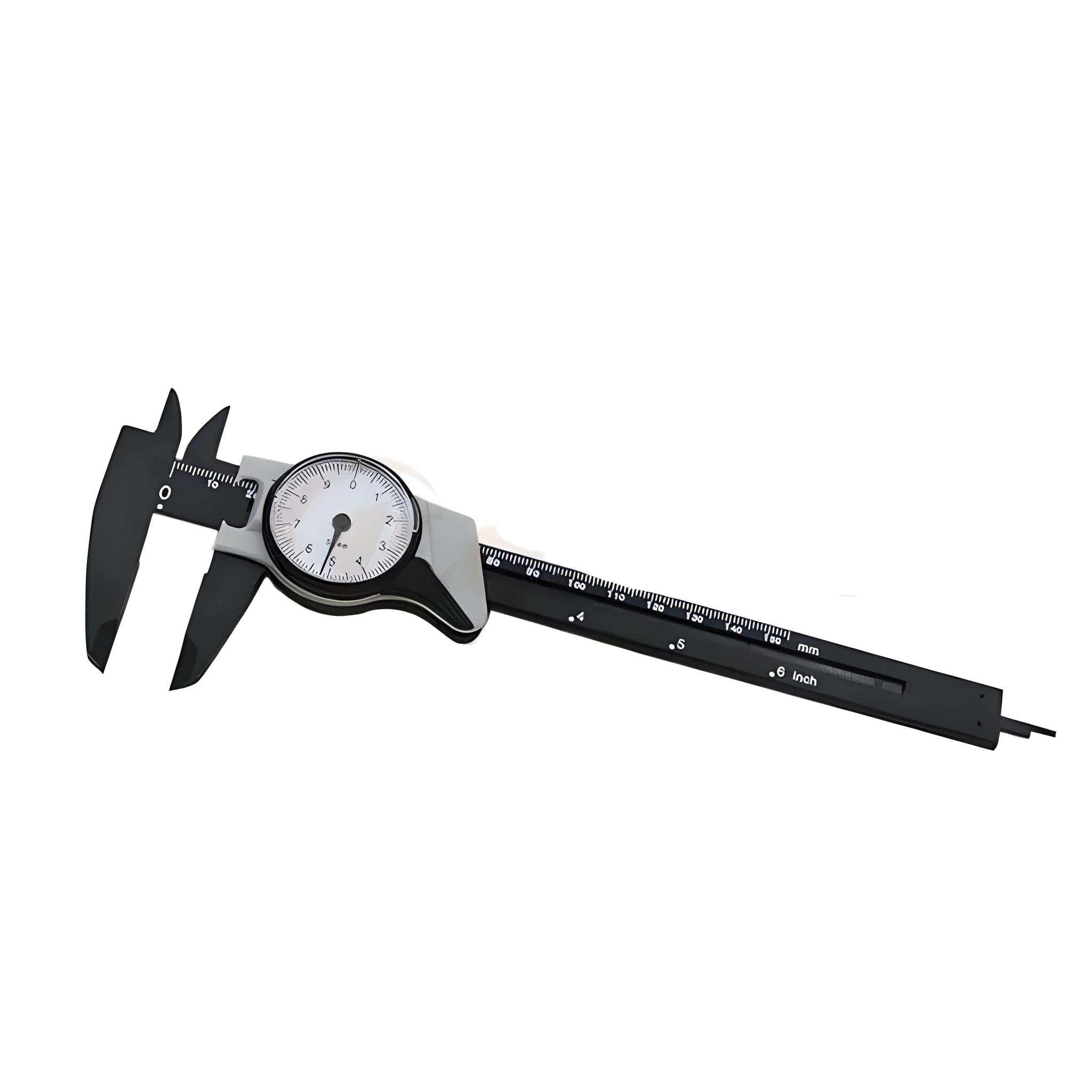 Black and white plastic vernier caliper showing 0-150mm scale with 0.1mm graduations.