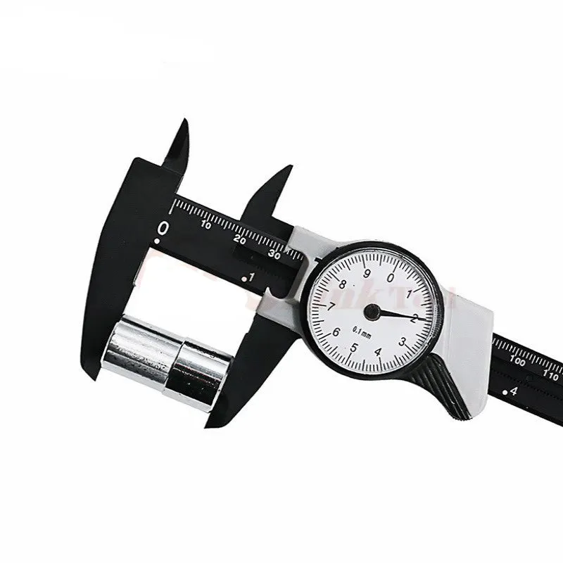 Black and white plastic vernier caliper showing 0-150mm scale with 0.1mm graduations.