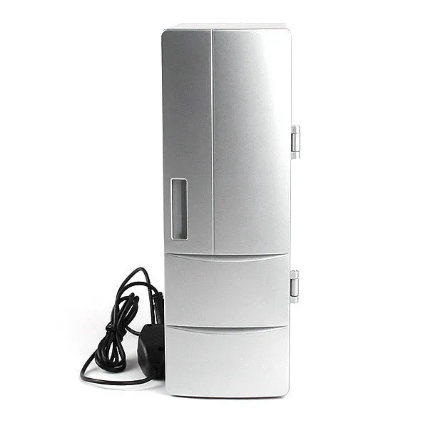Silver USB mini fridge with LED light, holding two cans, compact size for desk