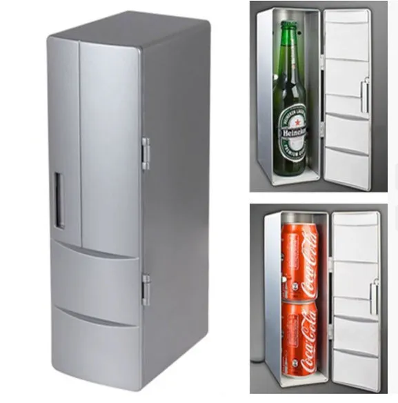 Silver USB mini fridge with LED light, holding two cans, compact size for desk