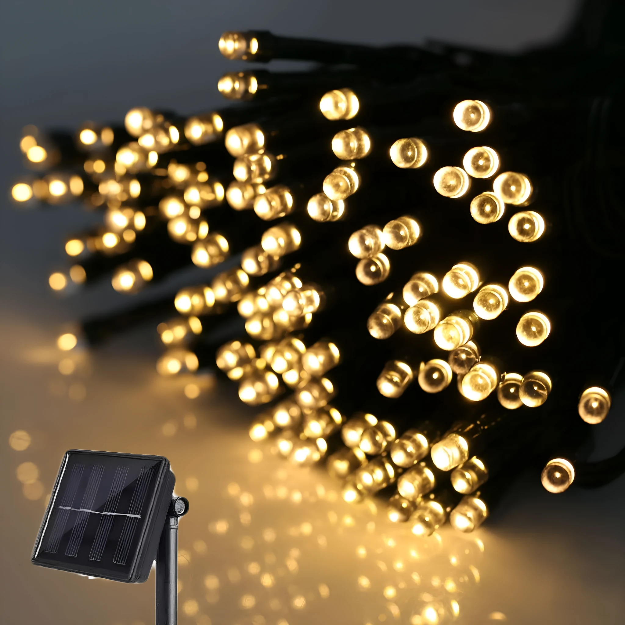 22m solar outdoor LED colour light string with 200 beads, IP65, eight modes, colourful warm blue white