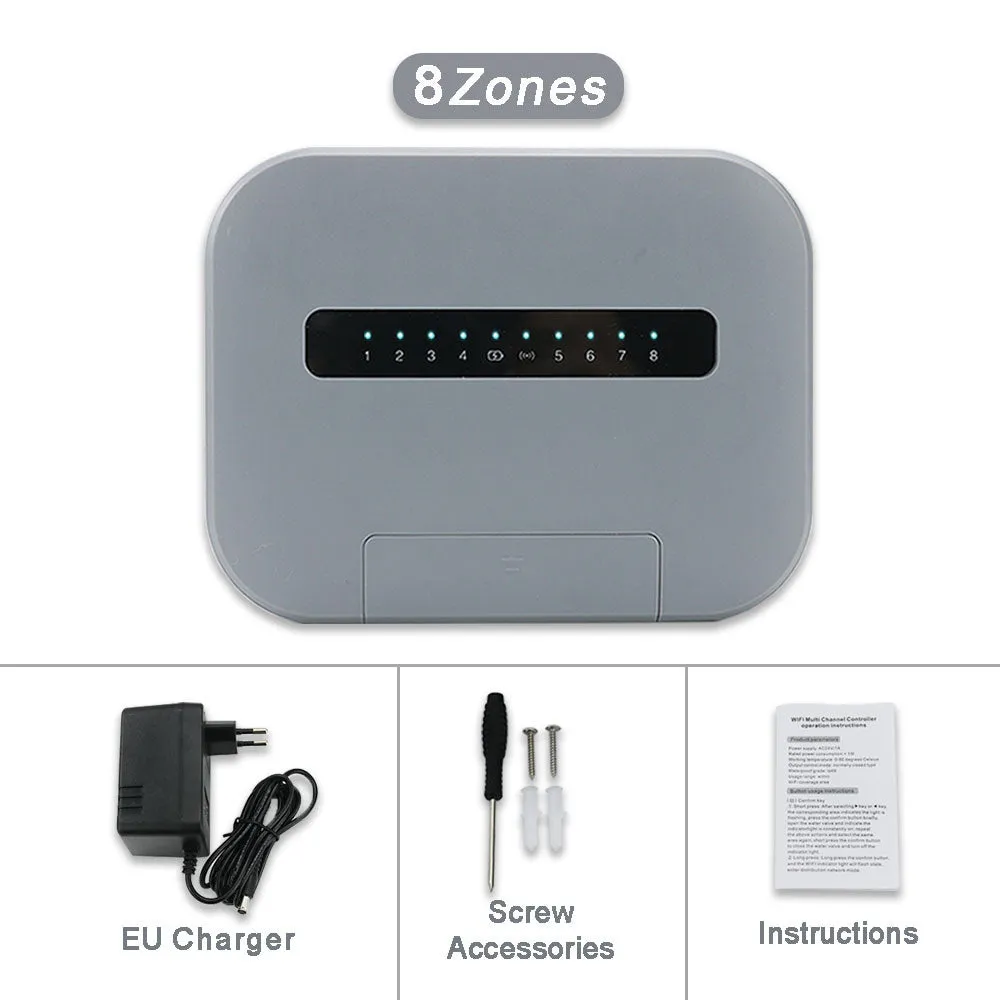 8-way smart water valve irrigation controller with wireless bridge and scheduled watering, available in black, gray, green, white