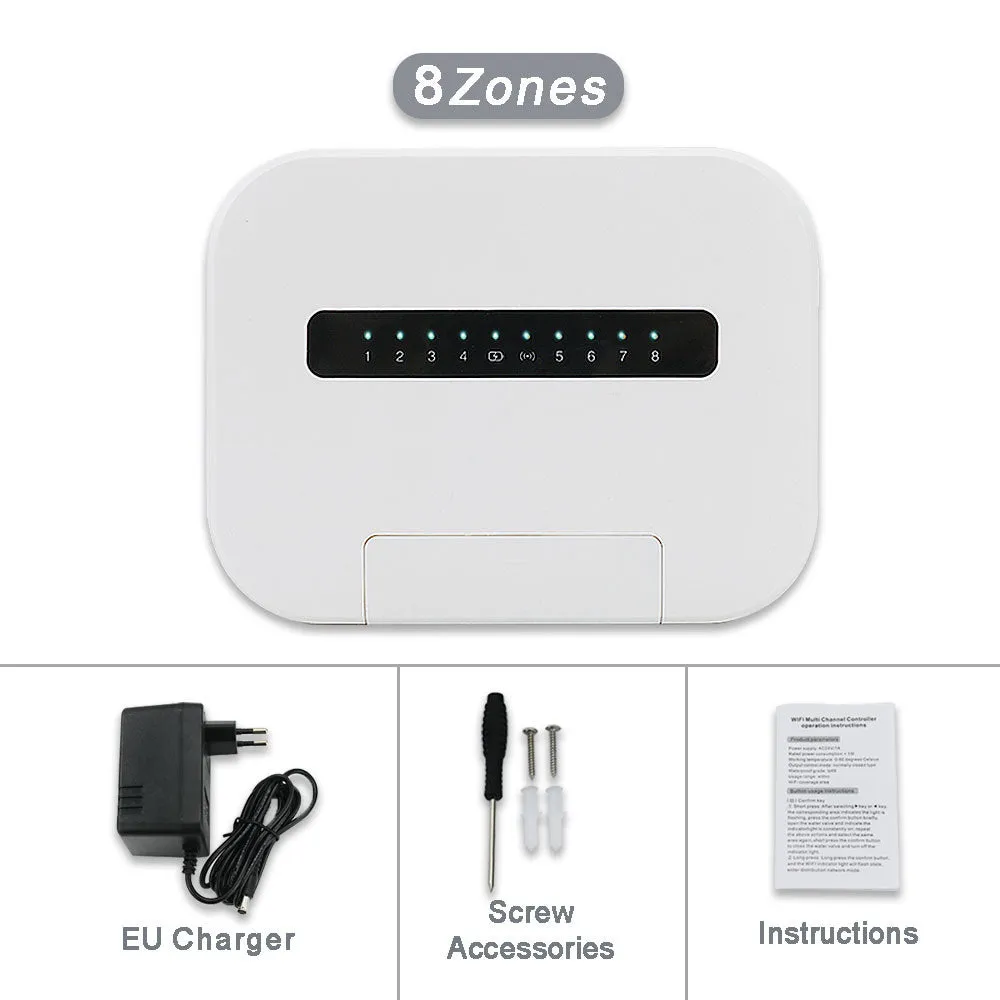8-way smart water valve irrigation controller with wireless bridge and scheduled watering, available in black, gray, green, white