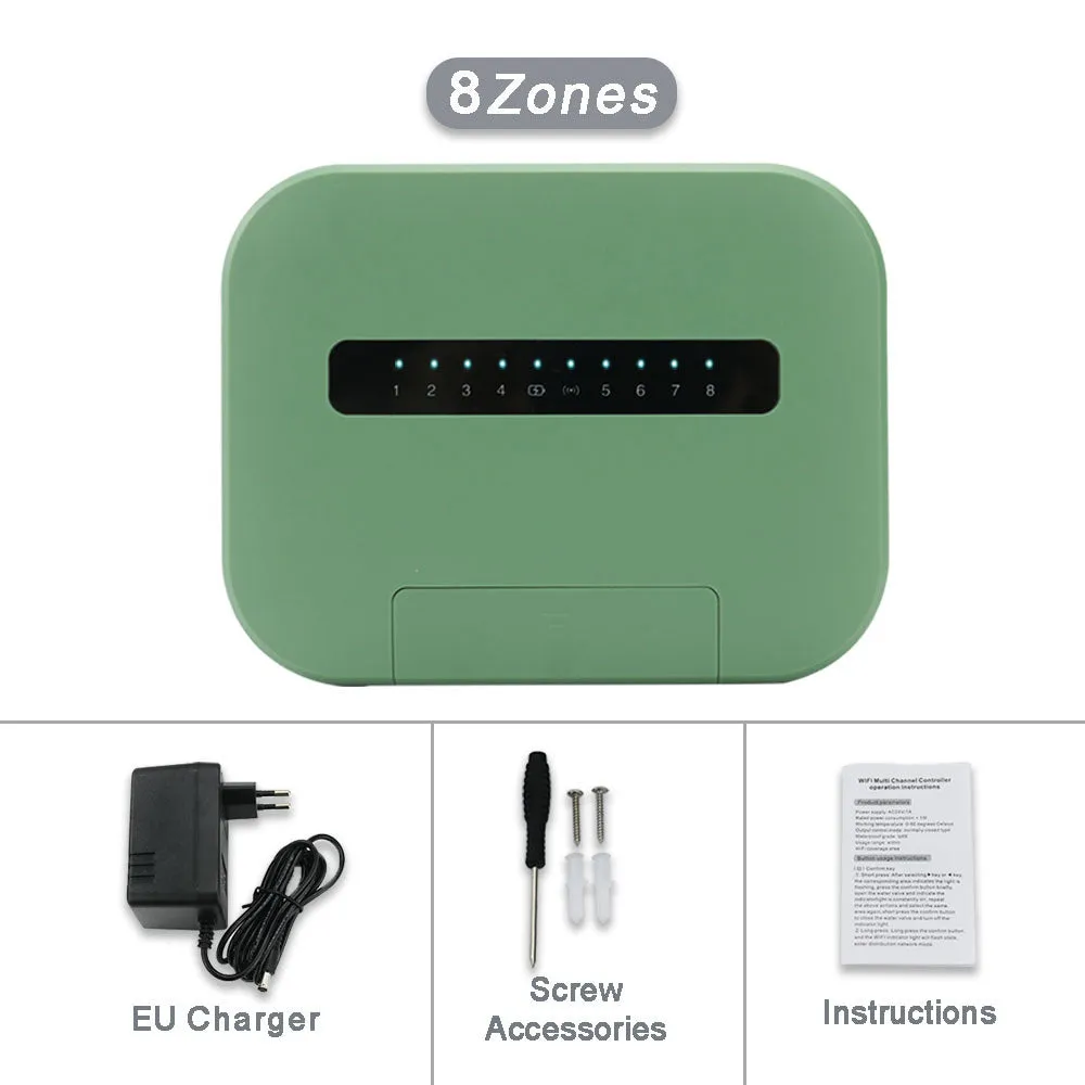 8-way smart water valve irrigation controller with wireless bridge and scheduled watering, available in black, gray, green, white