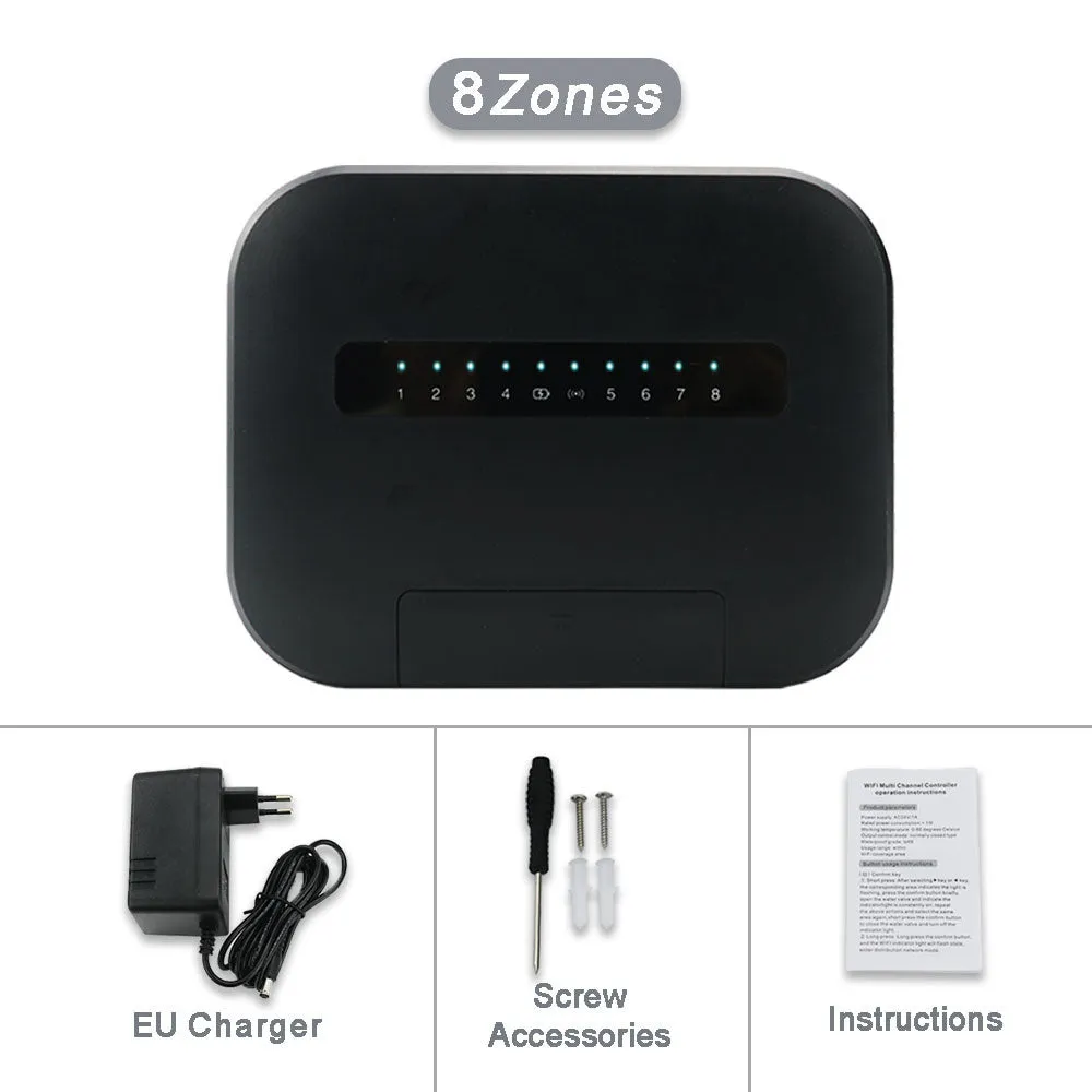 8-way smart water valve irrigation controller with wireless bridge and scheduled watering, available in black, gray, green, white
