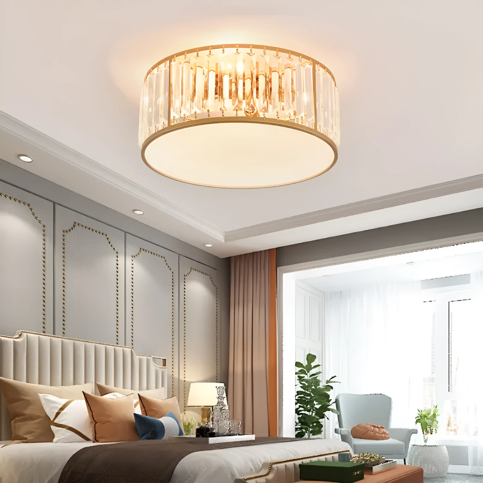 Modern crystal ceiling lamp in golden finish on ceiling