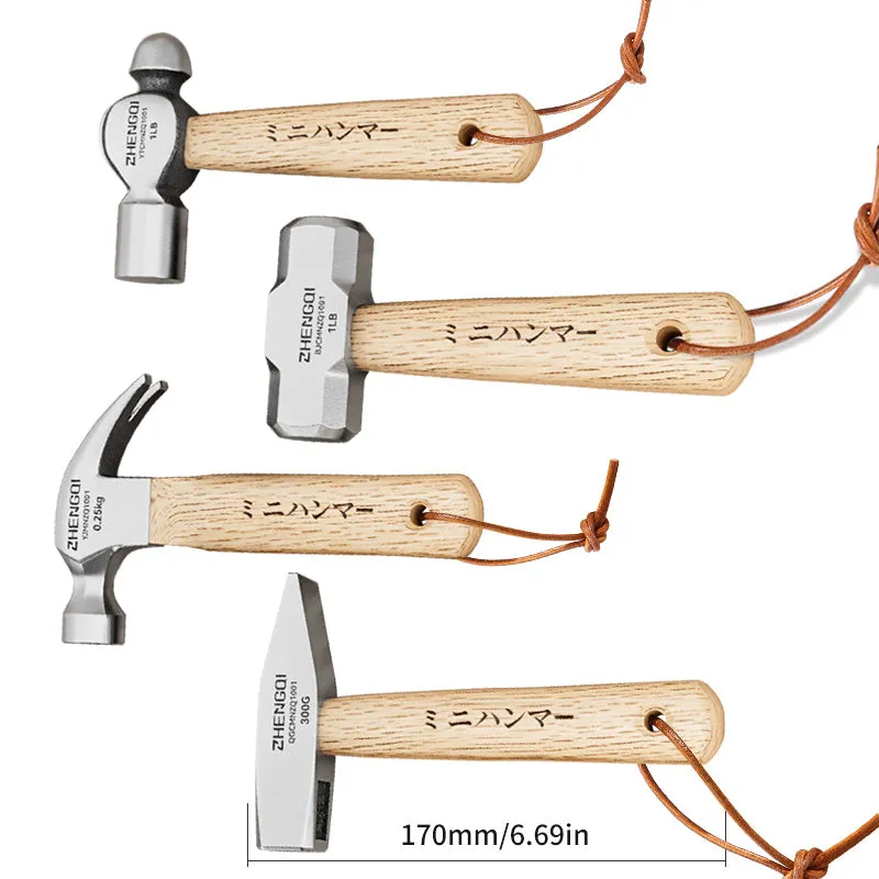 Mini claw hammer with wooden handle and high carbon steel head on a workbench