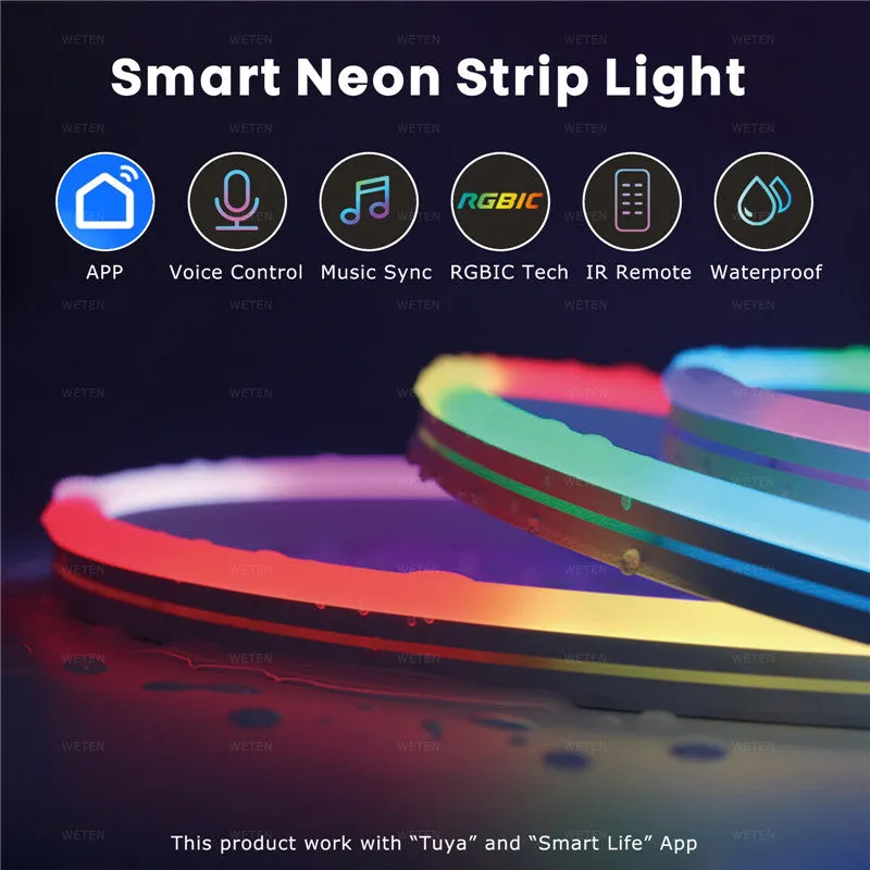 12V LED flexible neon light strip with full colour flowing light, app and voice control, 72 LEDs per metre