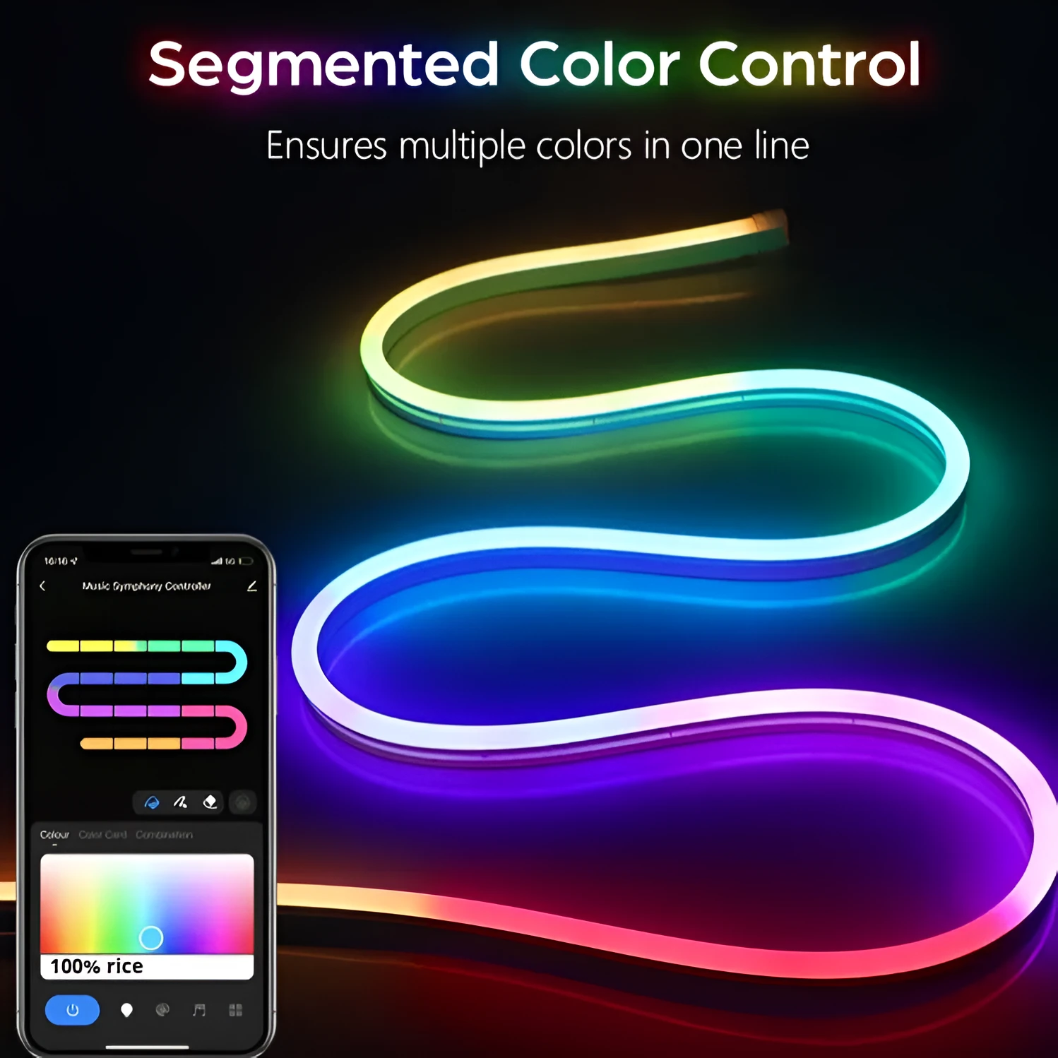 12V LED flexible neon light strip with full colour flowing light, app and voice control, 72 LEDs per metre