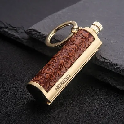 Waterproof metal sticker windproof lighter with red leather cover showing metal body and sticker design