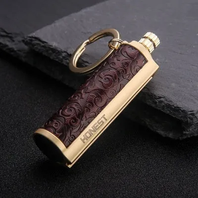 Waterproof metal sticker windproof lighter with red leather cover showing metal body and sticker design