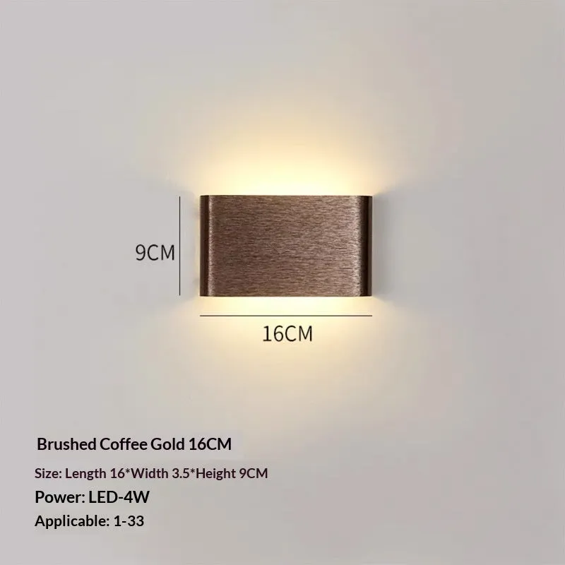 Nordic aluminum strip wall lamp 16cm, 5W warm LED, brushed coffee finish on bedroom wall