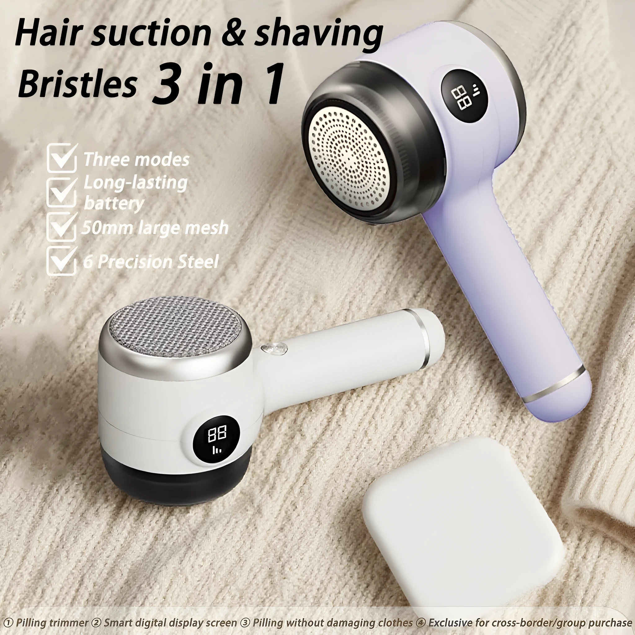 Rechargeable fur ball trimmer for fabric care in white with charging cable
