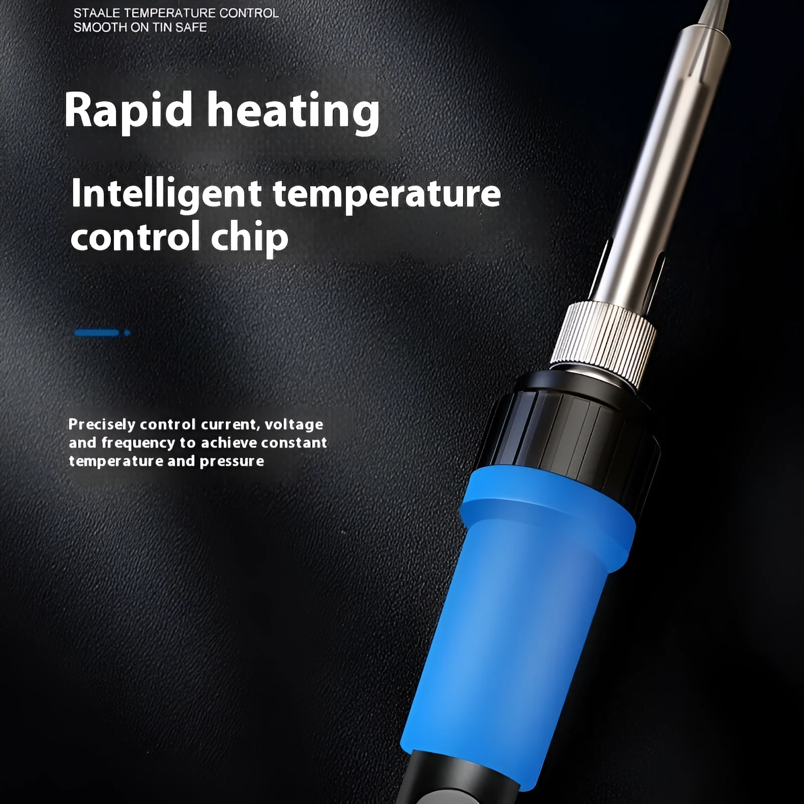 Grey electric soldering iron with ceramic heating core and five soldering tips for household electronics repairs