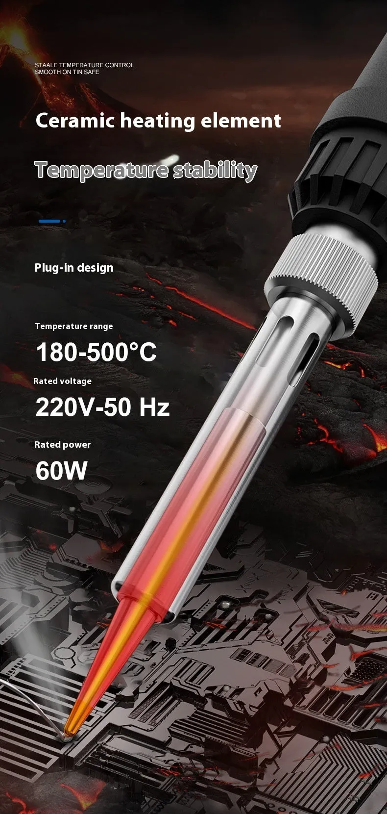 Grey electric soldering iron with ceramic heating core and five soldering tips for household electronics repairs