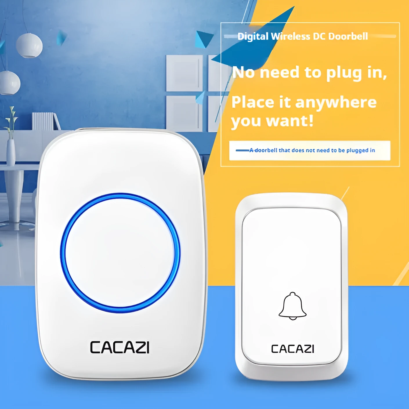 Black wireless doorbell transmitter and white receiver with battery-powered DC operation and 300-metre range