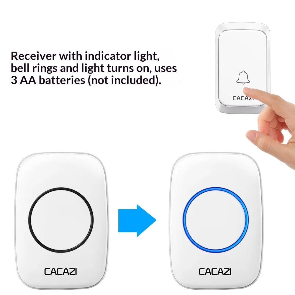 Black wireless doorbell transmitter and white receiver with battery-powered DC operation and 300-metre range