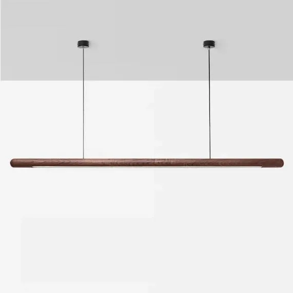 Round bar long pendant lamp in black walnut wood finish for living room ceiling