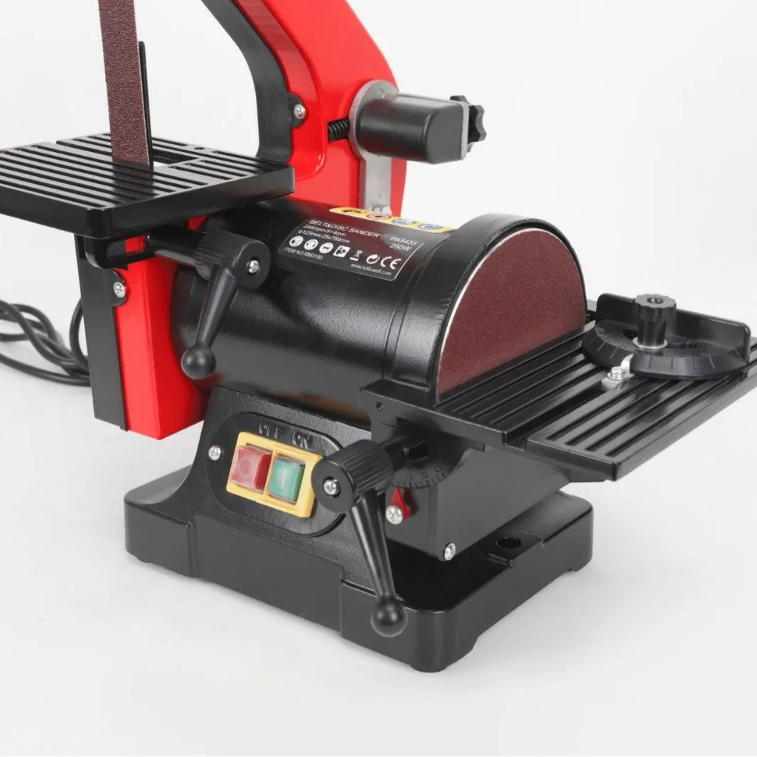 Small electric disc and belt sander for household use with EU plug and power cord on workbench