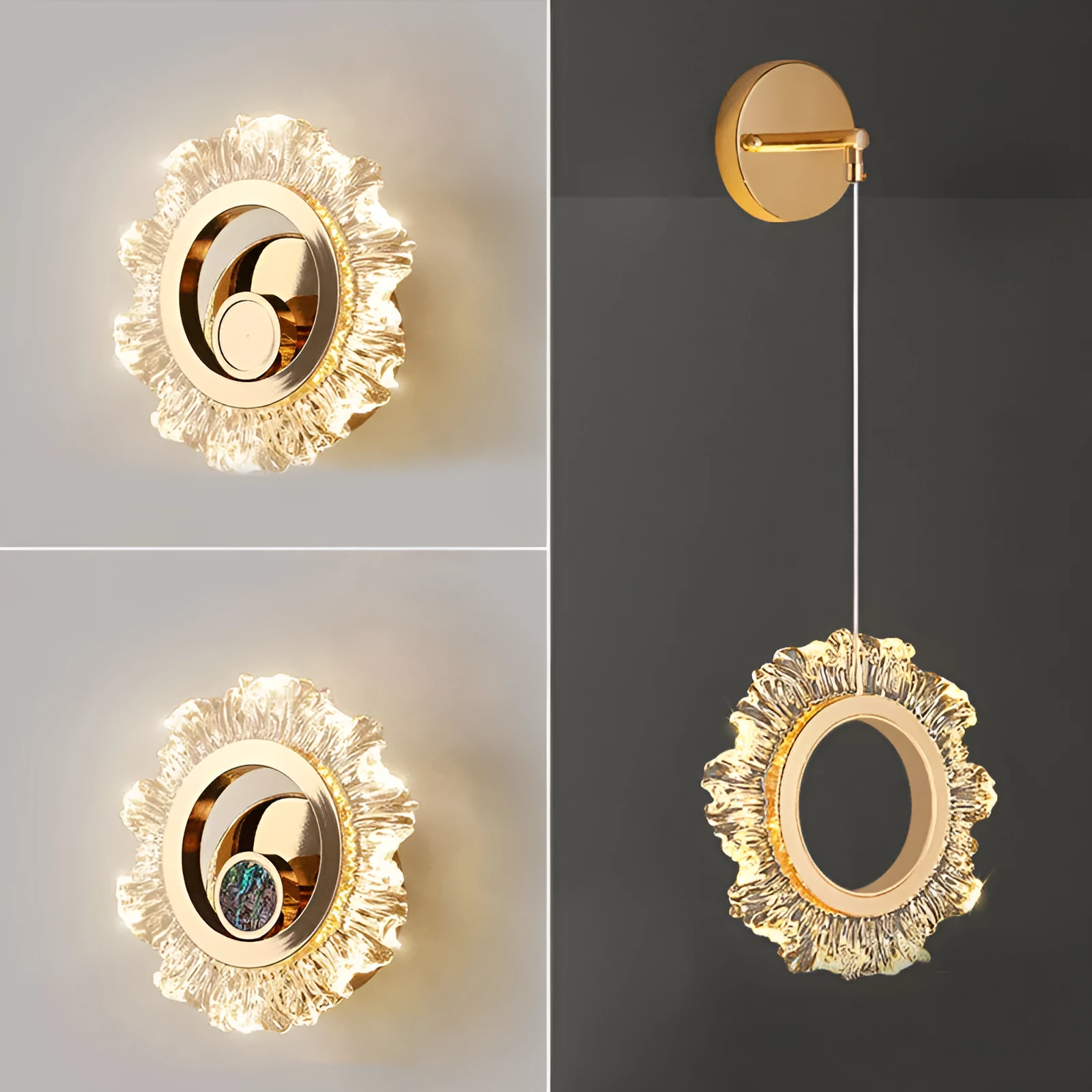 High Sense modern acrylic wall lamp showing three colour light settings on a white wall.
